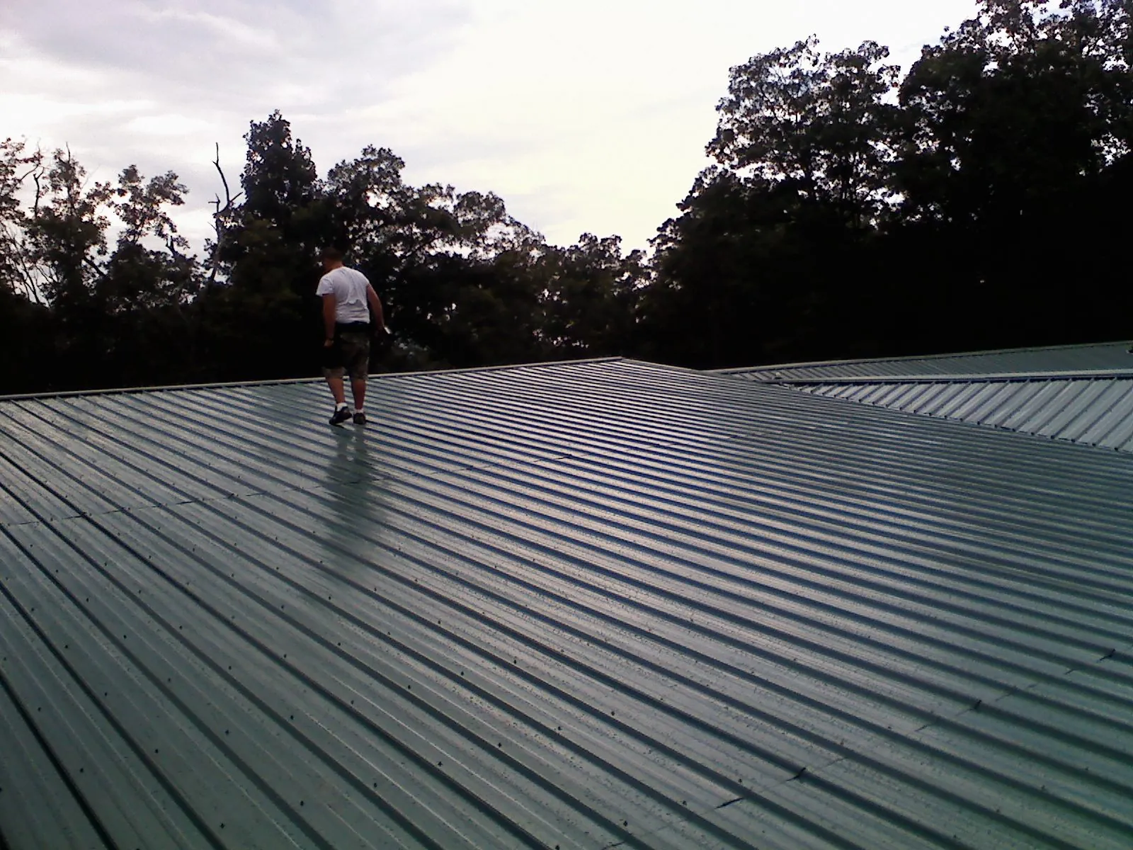 Roofer walking a wide expanse of new green metal roofing in Saint Paul