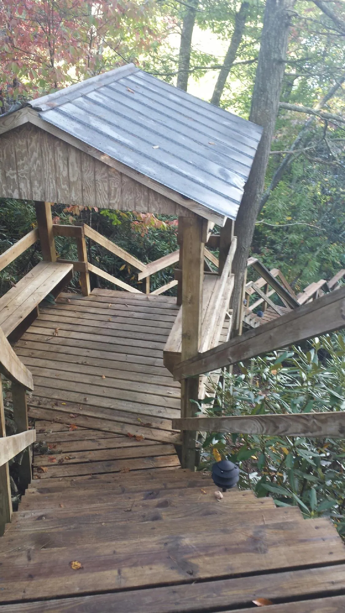 Metal roofed shelter over wooden steps on a wooded walkway — Skylight Repair & Installation work by our crew in Saint Paul
